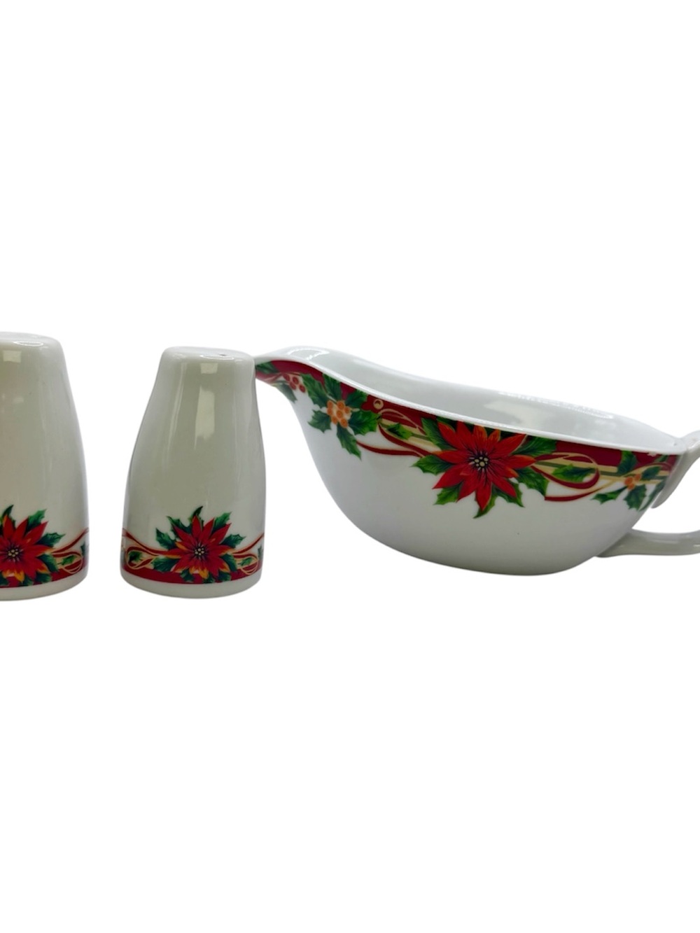 Vintage Poinsettia Gravy Boat & Salt Pepper Shakers, Fine Porcelain Christmas